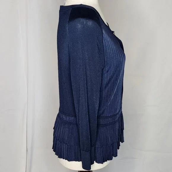 Oscar de la Renta Navy Button Front Ruffle Hem Cardigan Size: L - Picture 7 of 16